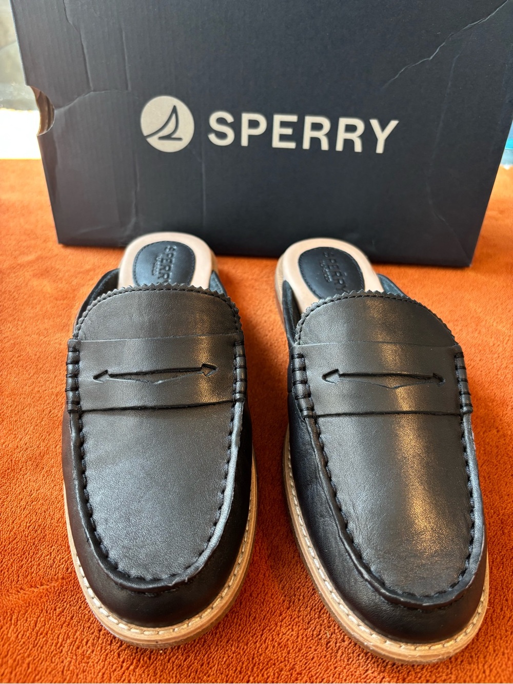 Sperry Women’s Black Leather Penny-Style Mule Clogs